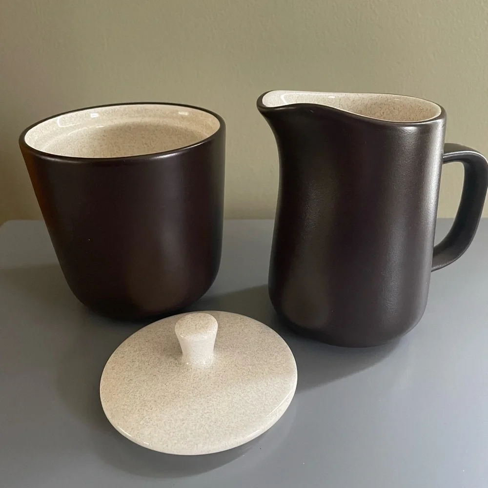 Vintage Mikasa Terra Stone Vanilla Covered Sugar Creamer Set E1955 Japan MCM